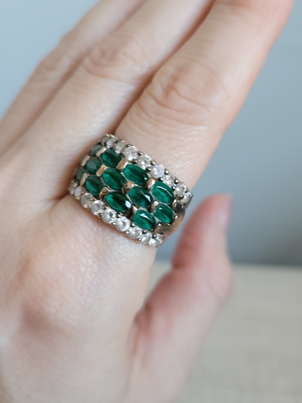 Vintage Multi-Row Lab Emerald & CZ Cocktail Ring Gold Plated Sterling Size 7